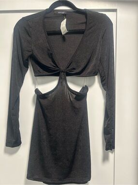 Win Win Black Slinky Cutout Long Sleeve Mini Dress